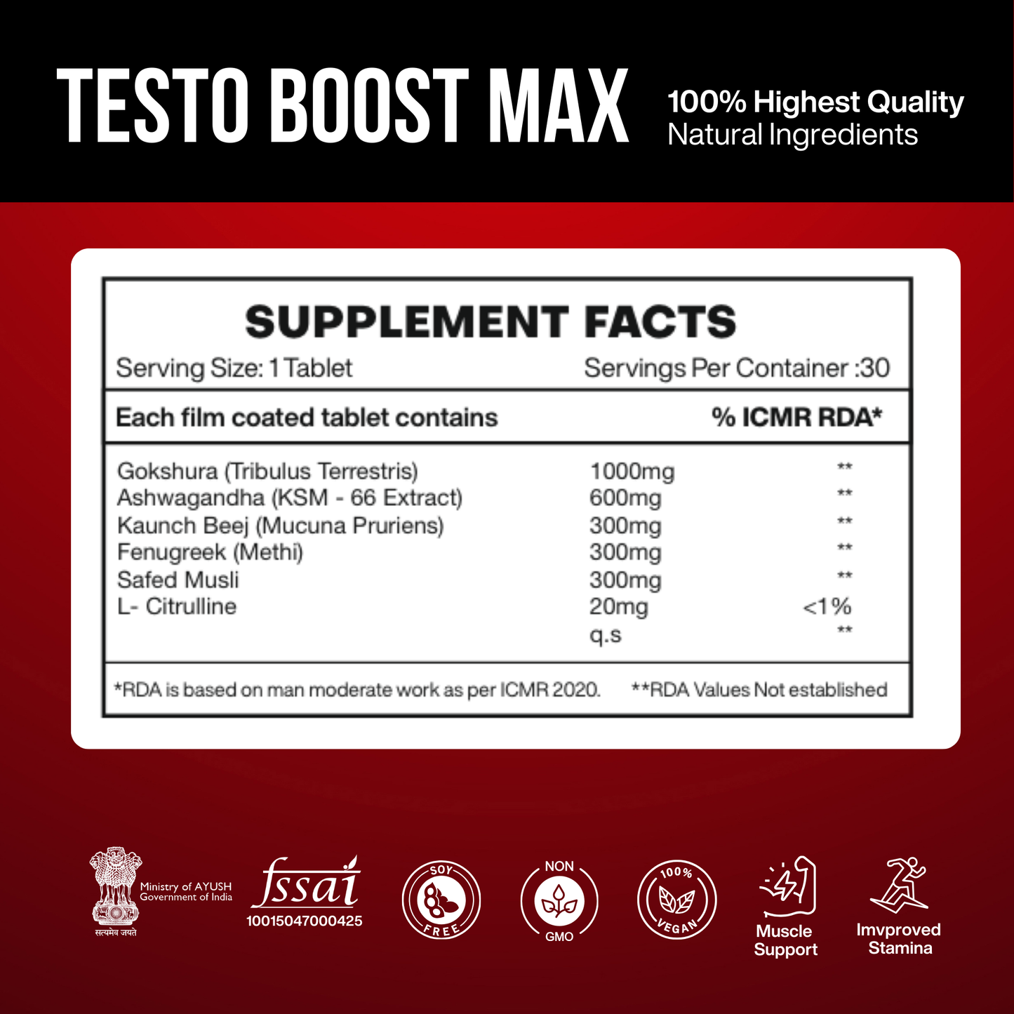 Testo Boost Max | Ayurvedic Supplement for Men's Health Pack of 30's