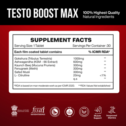 Testo Boost Max | Ayurvedic Supplement for Men's Health Pack of 30's